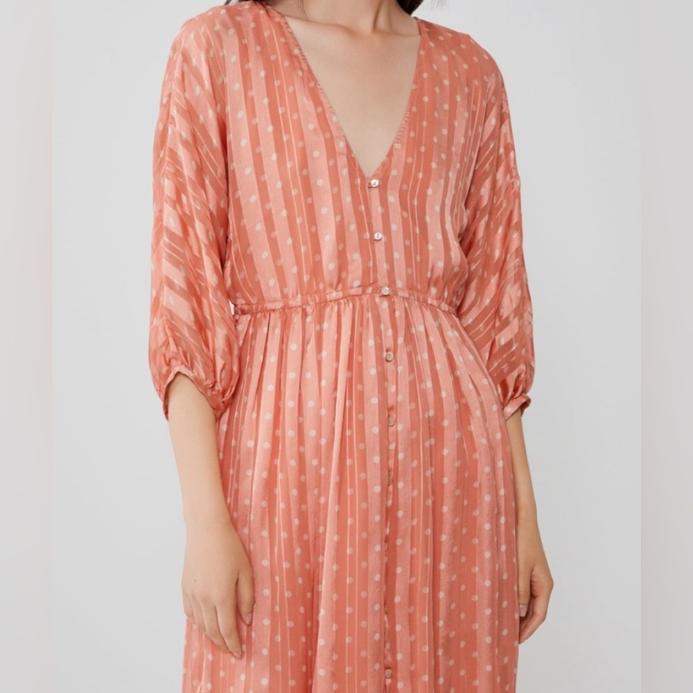 Zara | Small Coral Silky Pleated Polka Dot Dress - Picture 2 of 9